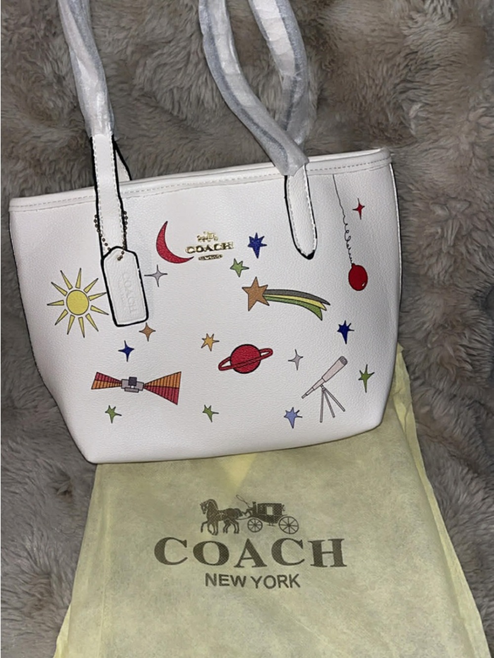 White Leather Cosmic Motif Tote with Multicolor Prints